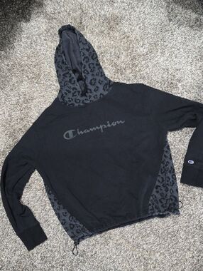 Champion Black Hoodie with Charcoal Leopard Accents